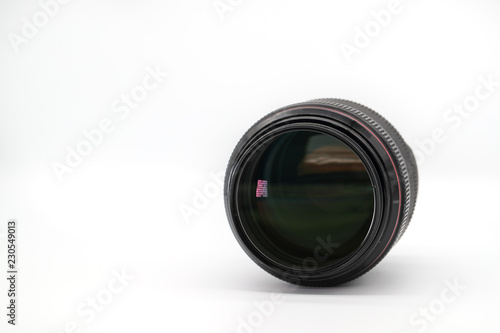 closeup camera lens on isolated and white background