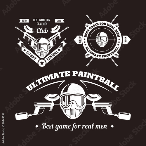 Paintball game sport club logo templates of gamer shooting target or paint ball gun