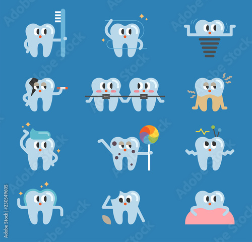 cute tooth character set for tooth care information. flat design style vector graphic illustration.