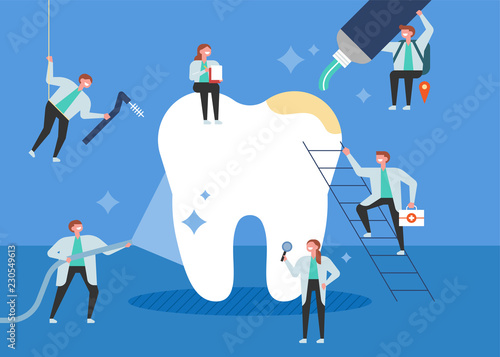 giant teeth and cute dentist character concept flat design style vector graphic illustration.