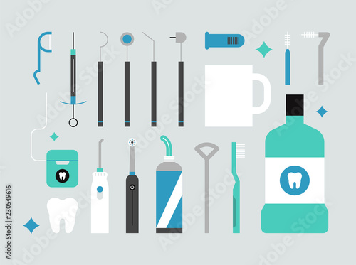 dental tools object icons. flat design style vector graphic illustration.