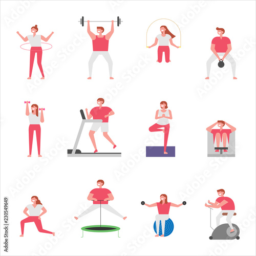 People are exercising in the gym for health. flat design style vector graphic illustration.