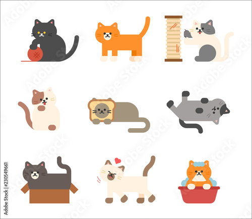 A set of cats of various colors taking various poses. flat design style vector graphic illustration.