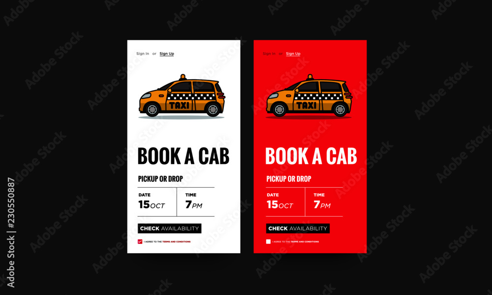 Book A Cab Taxi App UX UI Design for Smart Phones with Small Car Vector ...