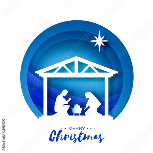 Birth of Christ. Baby Jesus in the manger. Holy Family. Magi. Star of Bethlehem - east comet. Nativity Christmas design in paper art style. Happy new year. Circle tunnel frame. Blue.