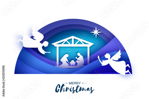 Birth of Christ. Baby Jesus in the manger. Holy Family. Magi. Three wise kings and star of Bethlehem - east comet. Nativity Christmas graphics design in paper art style. Vector