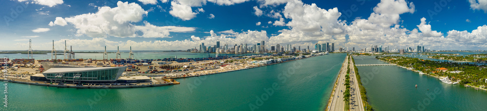 Aerial panorama Miami Port Dodge Island Macarthur Causeway