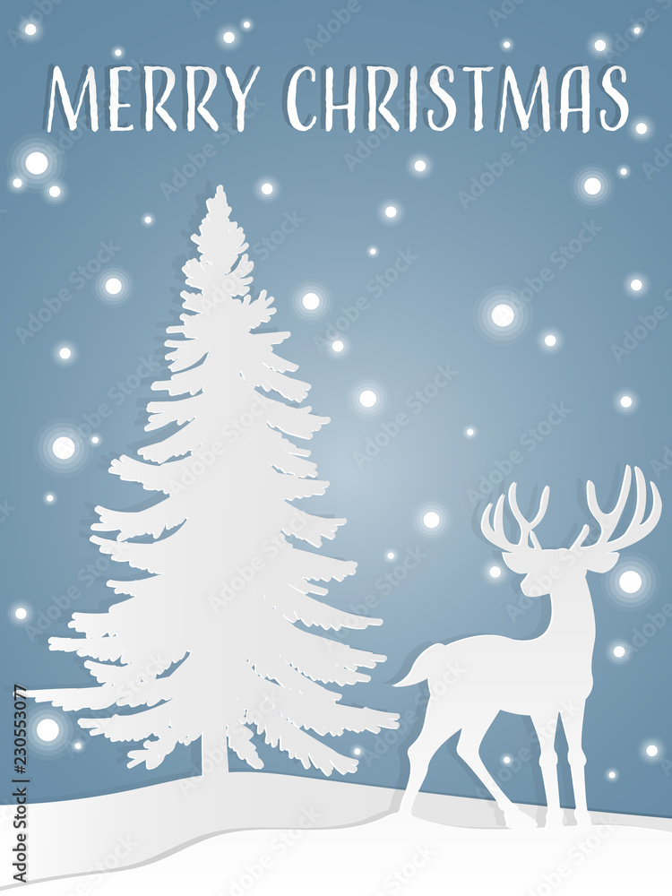 Paper art carving of reindeer on the hill near the fir tree under snowflakes and Merry Christmas text on a light blue background. Vector illustration. Paper art carving of reindeer on the hill near the fir tree under snowflakes and Merry Christmas text on a light blue background. Vector illustration.