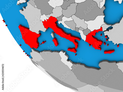 Southern Europe on simple 3D globe.