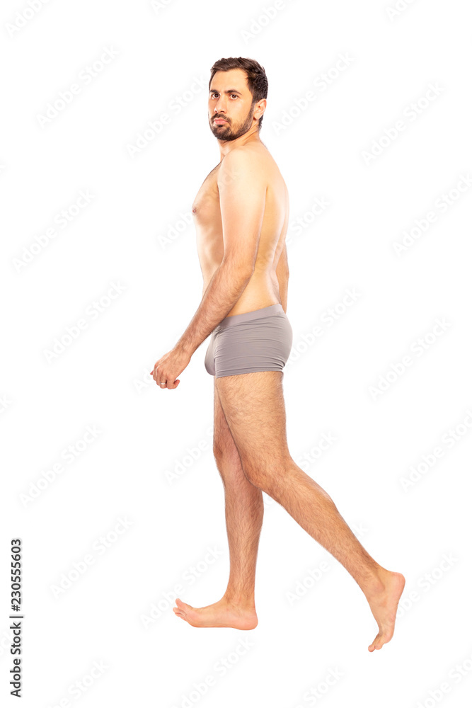 Fototapeta premium Man without clothes, in shorts, isolated on white background