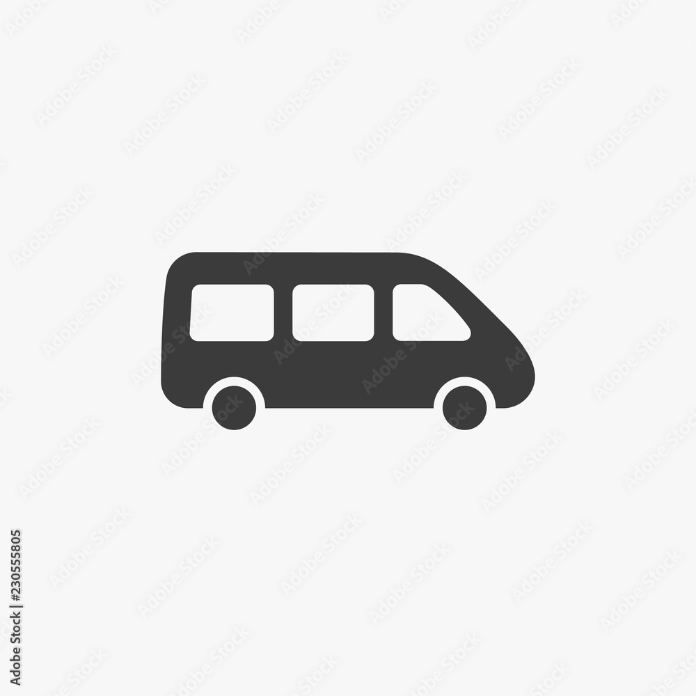 Bus passenger van minivan, micro minibus vector icon isolated on white. Transportation delivery automobile concept Bus passenger van minivan, micro minibus vector icon isolated on white. Transportation delivery automobile concept
