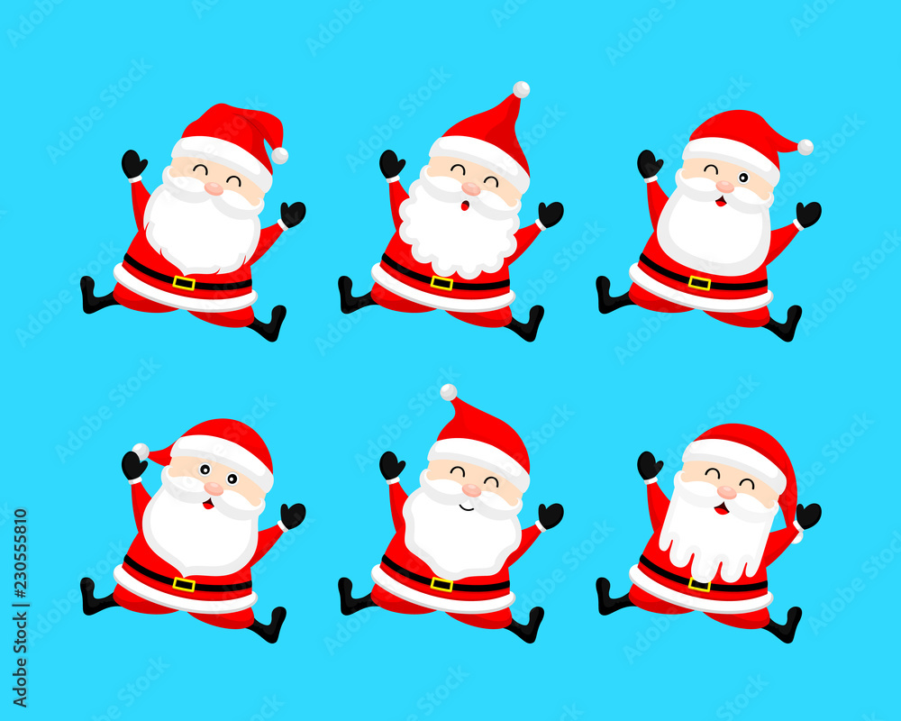 Fototapeta premium Collection of cute cartoon Santa Claus. Merry Christmas and Happy New Year. Vector illustration isolated on blue background.