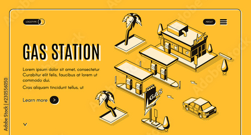 Gas station isometric vector web banner with car arriving at vintage gas filling station black line art illustration on yellow background. Fuel selling, road service or car tours company landing page