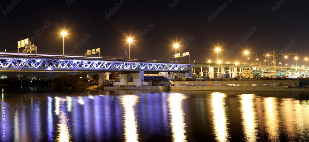 Moscow City bridge at night, Russia