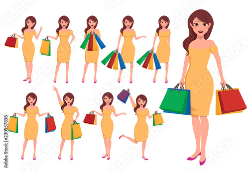 Shopping woman vector character set. Fashion girls cartoon characters holding shopping bags of clothing with different pose and hand gestures. Vector illustration.
