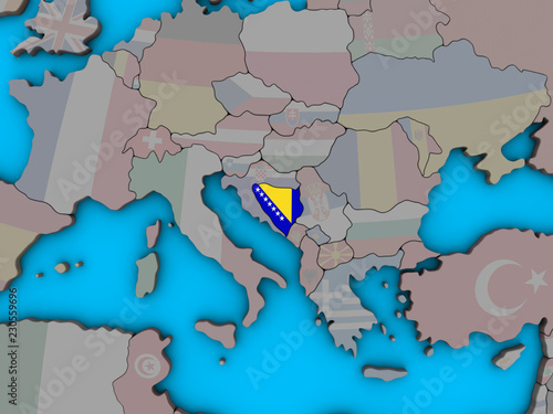 Bosnia and Herzegovina with embedded national flag on blue political 3D globe. photo