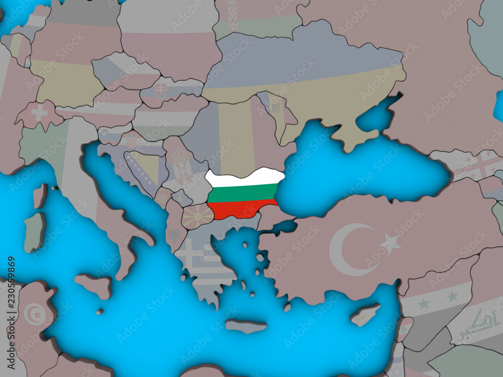Fototapeta premium Bulgaria with embedded national flag on blue political 3D globe.