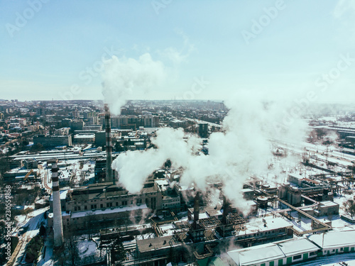 aerial view of smog pollution from city factory