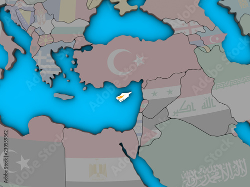 Cyprus with embedded national flag on blue political 3D globe.