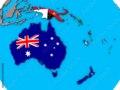 Australia with embedded national flags on blue political 3D globe.