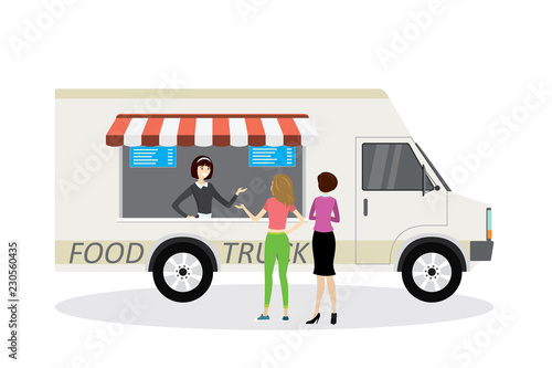 food truck,Seller in front and buyers back view,modern van transport