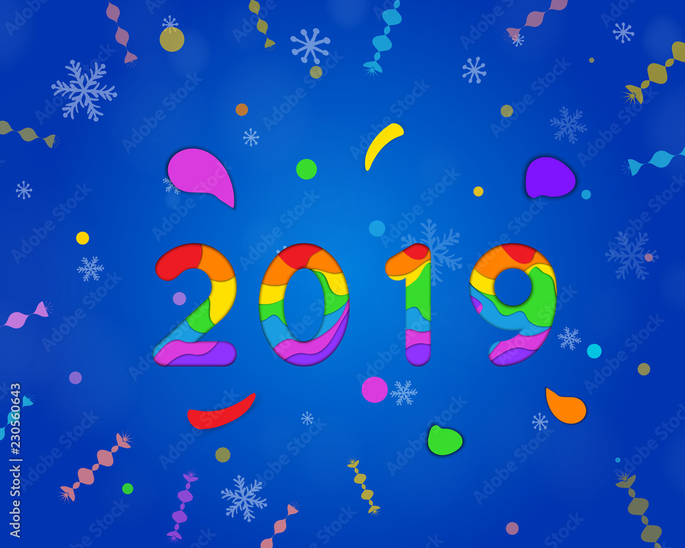 2019 Happy New Year paper craft holiday background Vector winter holiday party invitation with paper cut numbers 2019, snowflakes on blue background. Design for seasonal flyers, banners, posters. Xmas