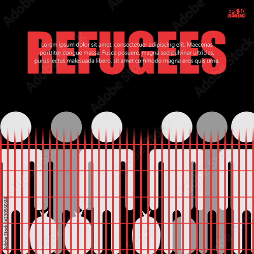 Migrants and refugees are standing behind closed and shut barrier, fence made of barbed wire. Eps10 vector illustration