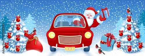 Christmas card with Santa Claus in red retro car with gift box against winter forest background