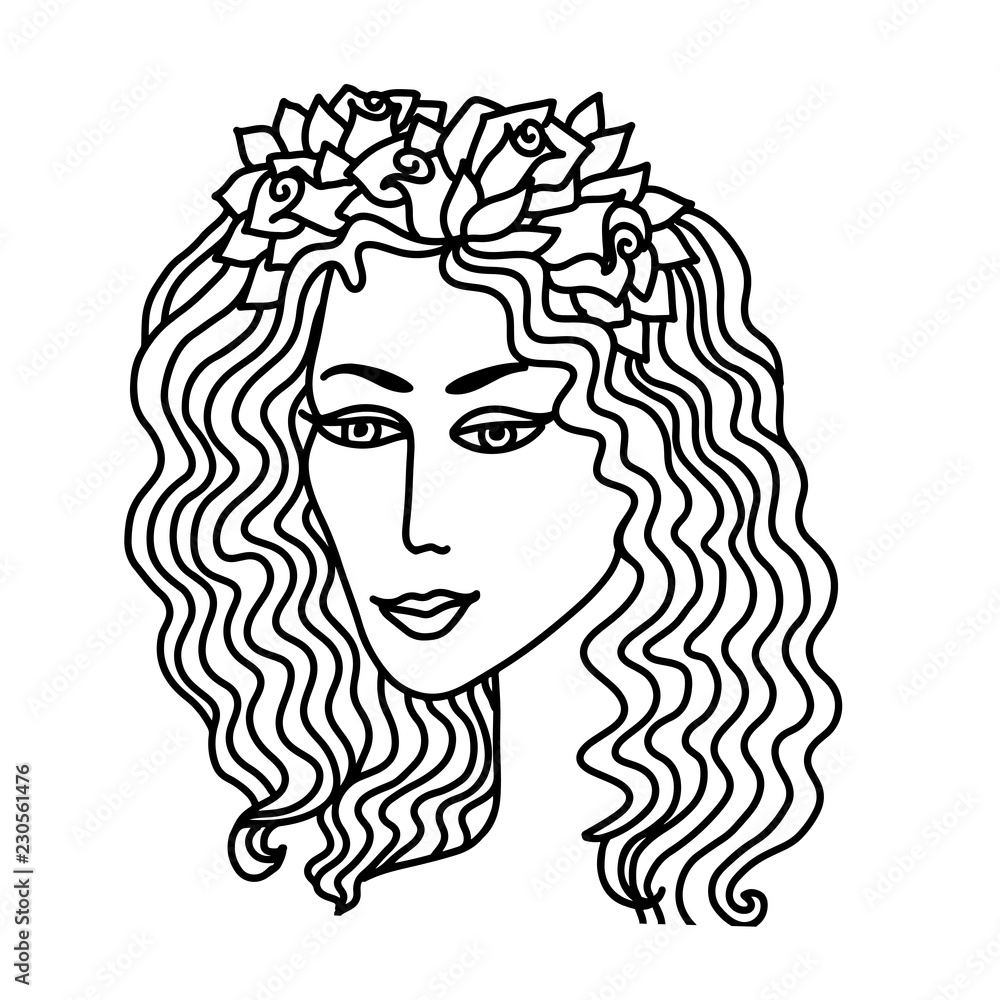 Cute girl with floral wreath. Vector illustration. Boho style. Adult coloring book.
