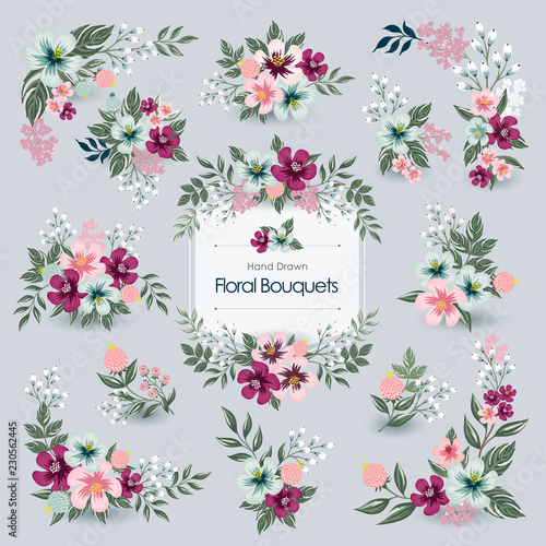 Vector illustration of floral bouquets collection. A set of beautiful flowers and branches for for Wedding, anniversary, birthday and party. Design for banner, poster, card, invitation and scrapbook		