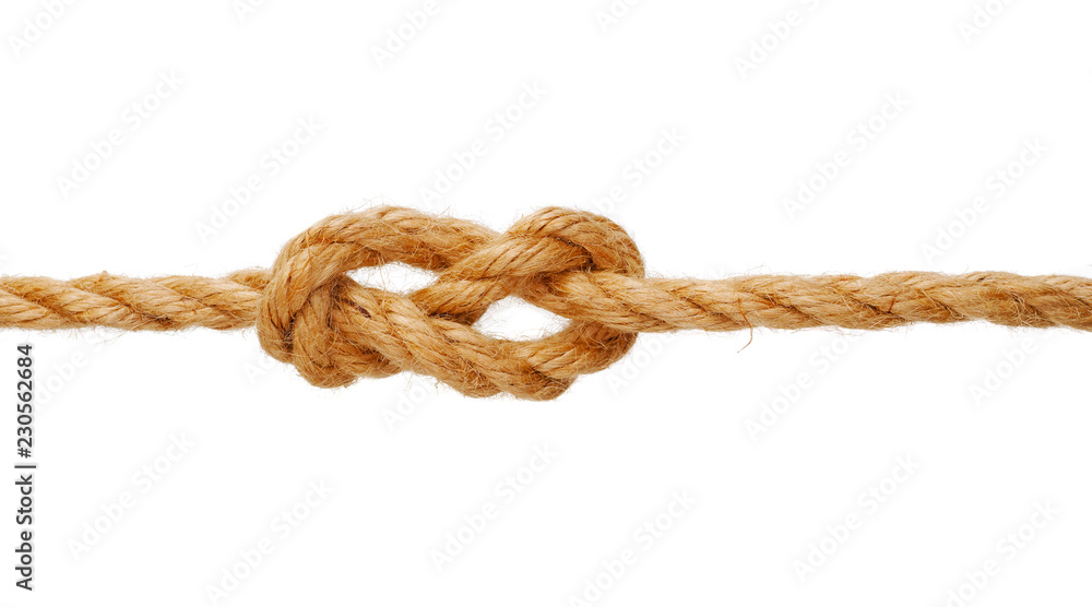 knot on jute rope isolated on white background