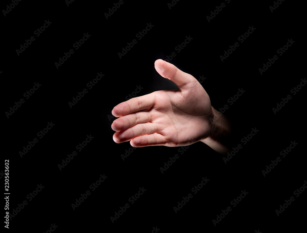 Male hands with open palm offer to handshake Male hands with open palm offer to handshake