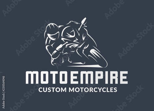 Racing motorcycle logo on black background. Superbike vector monochrome emblem.
