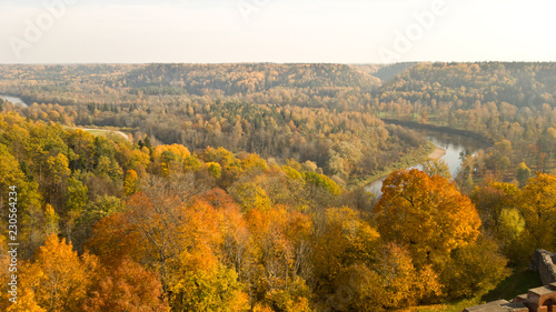 Panoramic view from Turaida castle to Sigulda suburb on a bright autumn day
