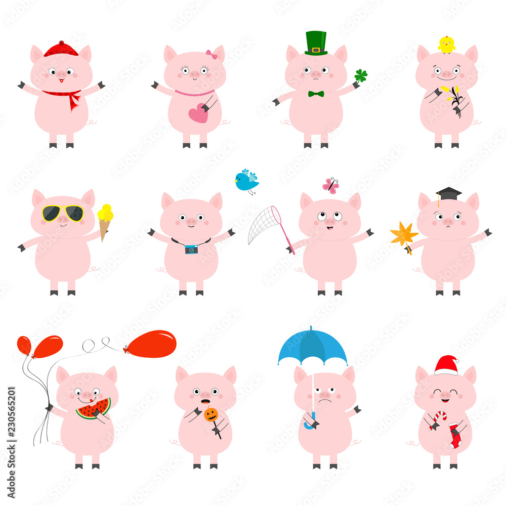 Pig set. Cute funny cartoon character. All seasons. Happy Valentines Christmas St Patrick day Easter Egg Bird Chicken Umbrella, rain. Santa hat, sun Flat design White background. Isolated.