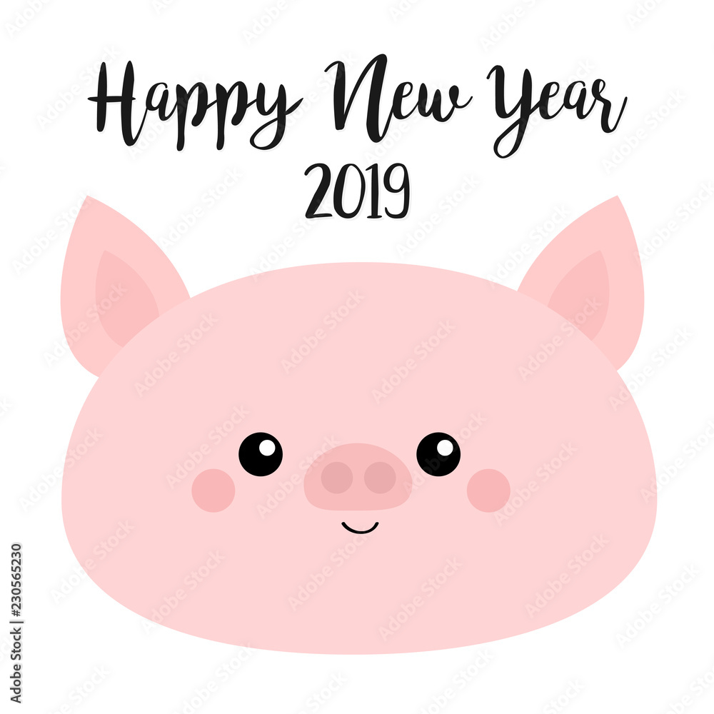 Happy New Year 2019. Pig smiling face. Pink piggy piglet. Chinise symbol. Cute cartoon funny kawaii baby character. Flat design. White background. Isolated. Happy New Year 2019. Pig smiling face. Pink piggy piglet. Chinise symbol. Cute cartoon funny kawaii baby character. Flat design. White background. Isolated.