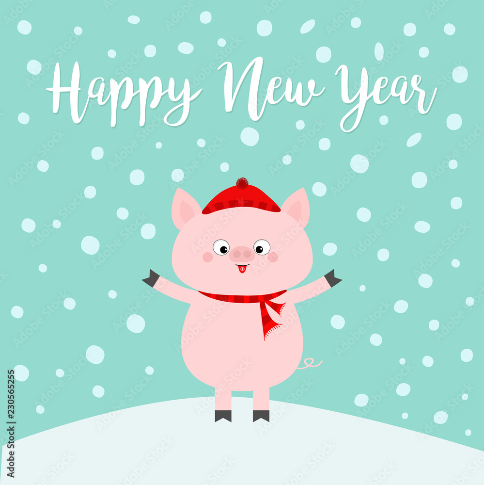 Happy New Year 2019. Pig on snowdrift. Falling snowflakes. Chinese zodiac calendar symbol. Red hat and scarf. Hello winter. Cute cartoon funny character. Flat design. Blue background.