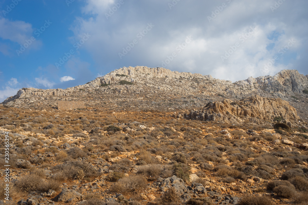 Gramvousa Peninsula, Crete - 09 25 2018: panoramic view of Kissamos Bay