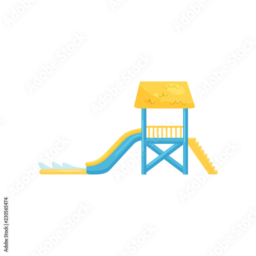 Water slide with staircase and pool. Fun attraction for kids. Flat vecrtor element for promo poster of aqua park