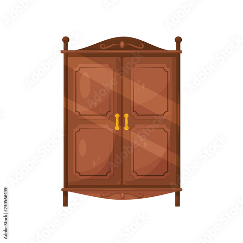 Flat vector icon of vintage wooden cabinet with golden handles. Classic furniture for bedroom. Brown cupboard