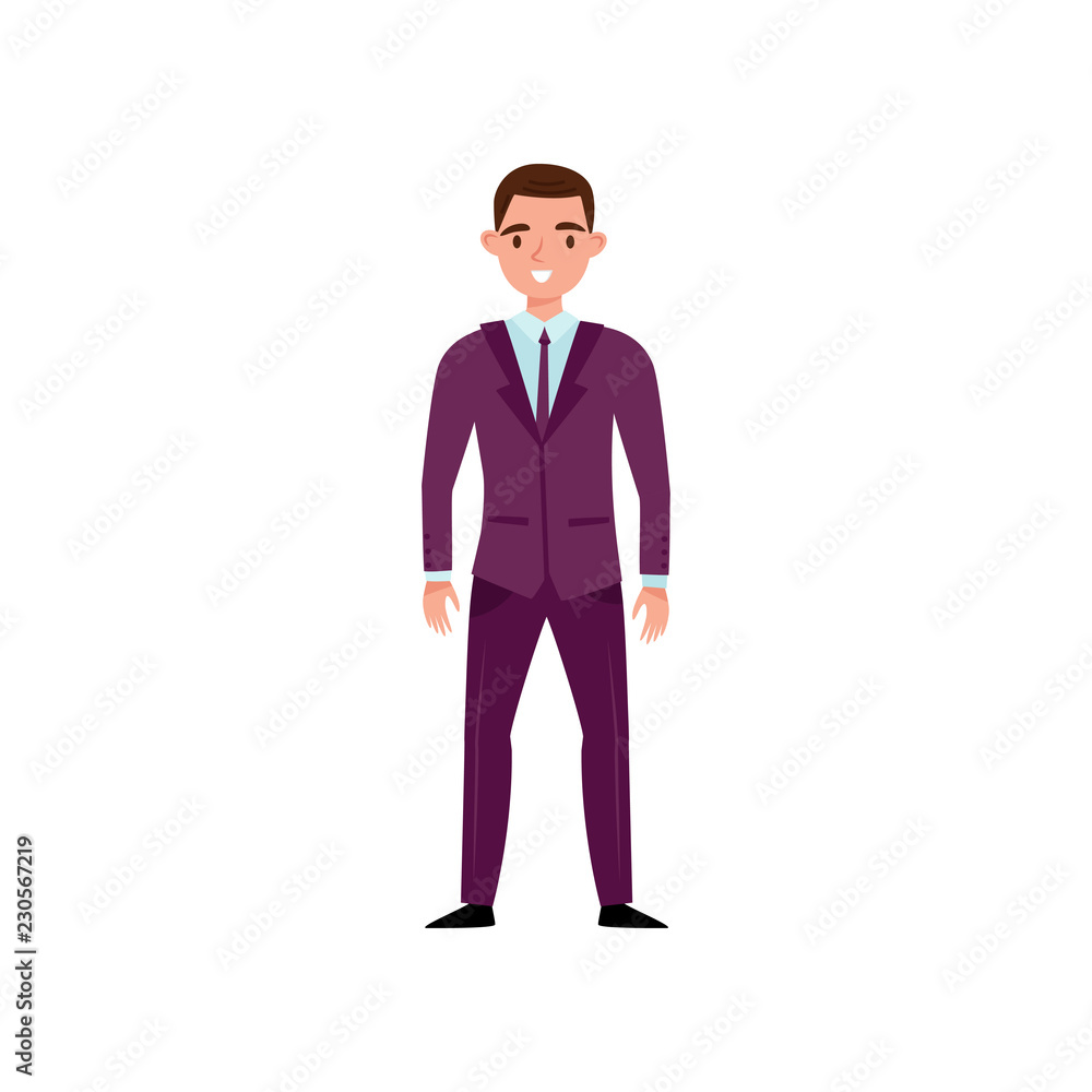 Smiling man in classic purple suit standing isolated on white background. Young guy in formal clothes. Flat vector design Smiling man in classic purple suit standing isolated on white background. Young guy in formal clothes. Flat vector design