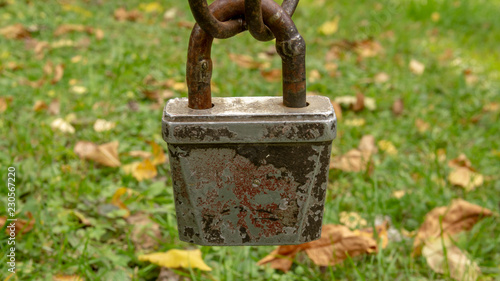 Rusty metal lock on a background of green grass