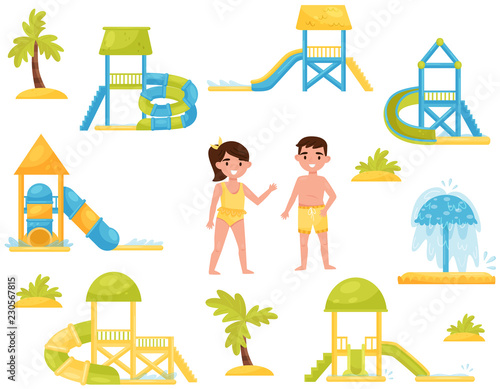Flat vector set of different children s water slides. Aqua park equipment. Kids in swimming suits