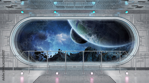 Fototapeta Naklejka Na Ścianę i Meble -  White tech spaceship round window interior background 3D rendering