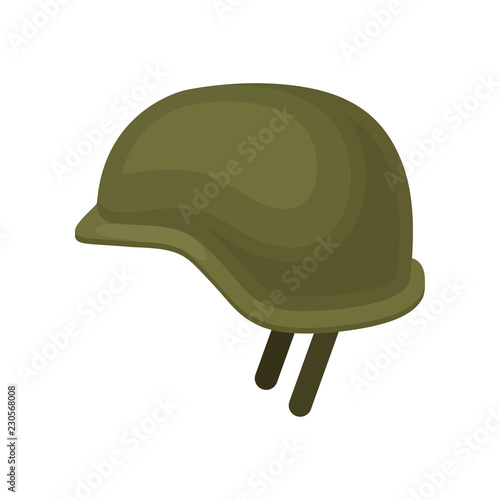 Green military helmet. Solid headgear. Protective equipment for soldier or officer. Item for personal safety. Flat vector design