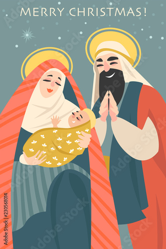 Christmas card in retro style with the holy family