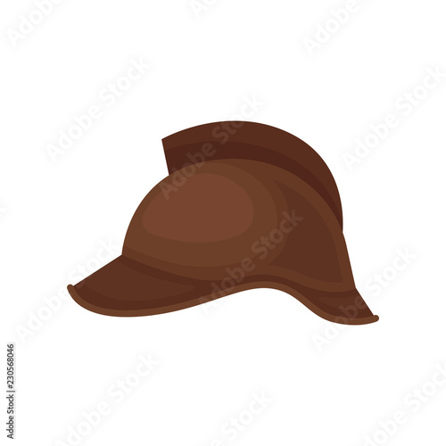 Brown riding helmet. Protective hat. Solid headgear. Sports equipment for personal safety. Flat vector design