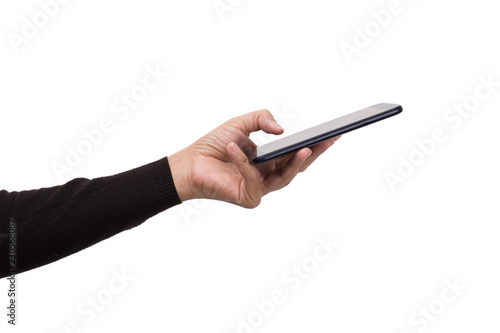 Hand gesture hold and using phone isolated on white background