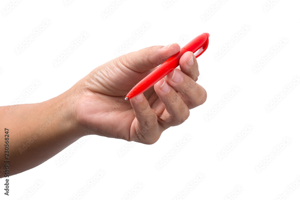 Holding female hand with pen on white background Holding female hand with pen on white background