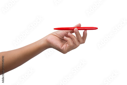 Holding female hand with pen on white background